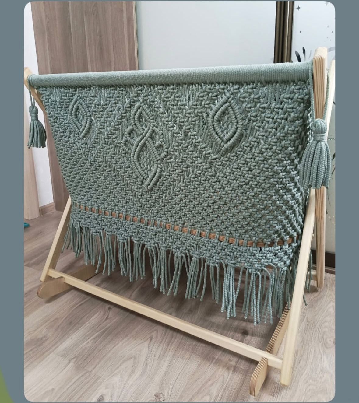 Handwoven Macrame Baby Bassinet Cradle with Wooden Stand
