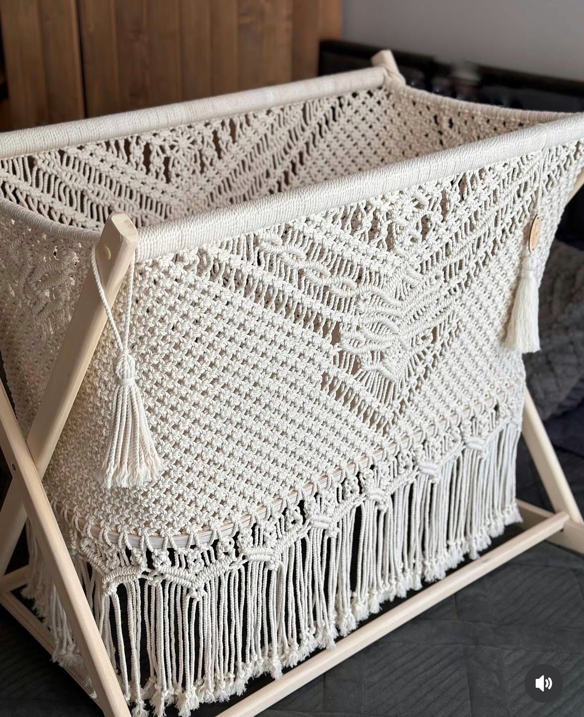 Handwoven Macrame Baby Bassinet Cradle with Wooden Stand