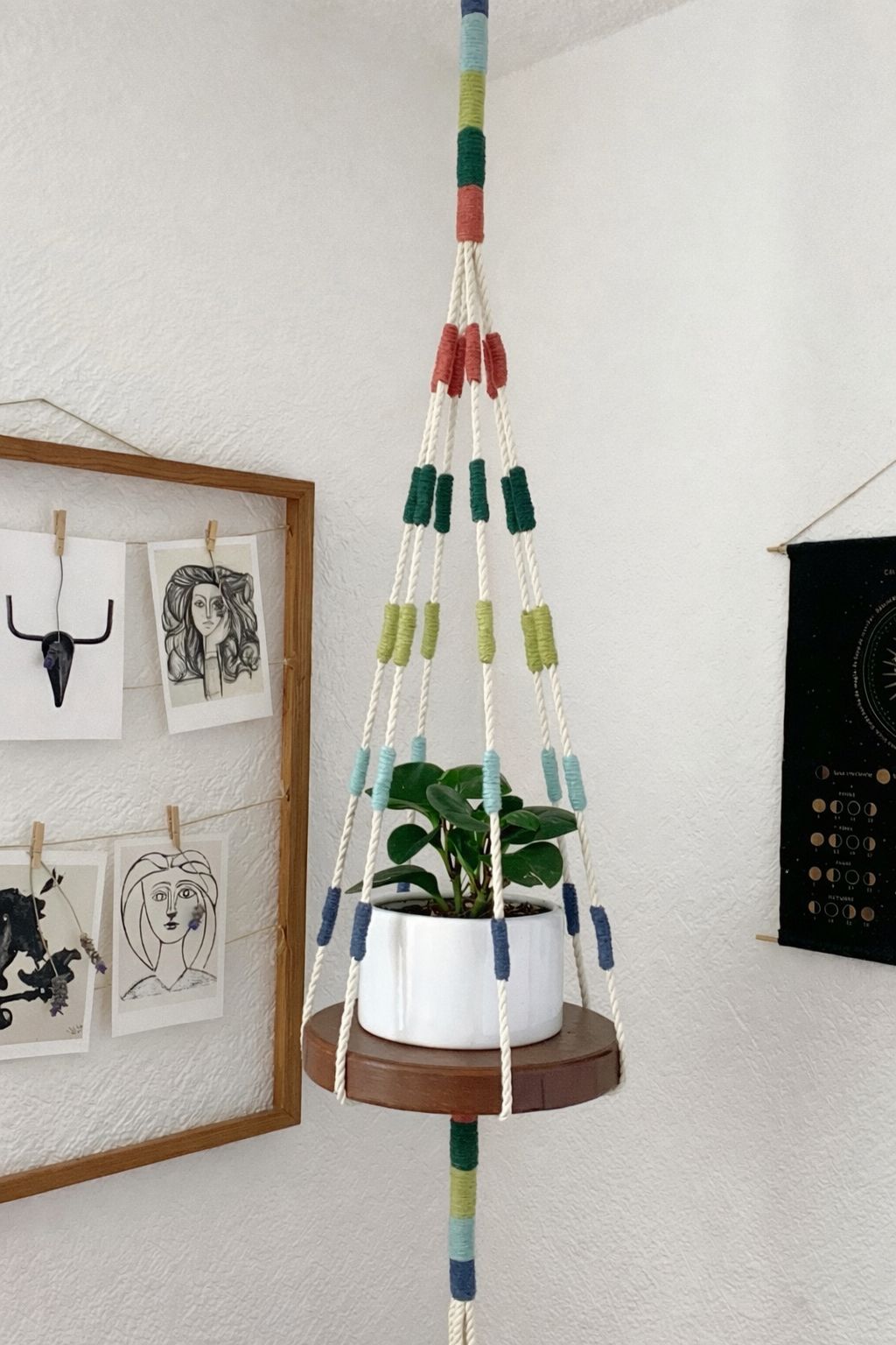 Macrame Hanging Planter with Wooden Shelf