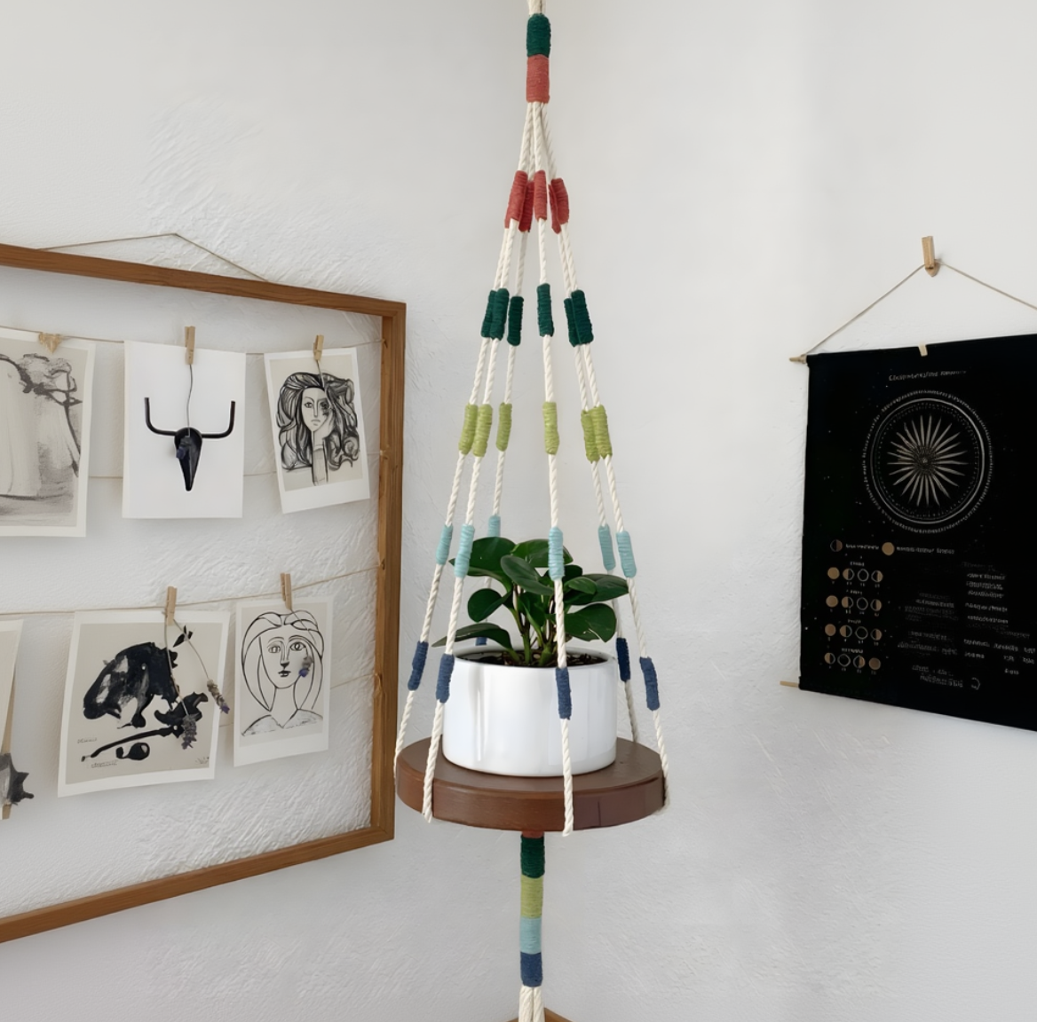 Hanging plant holder with colorful ropes in a room with wall art.